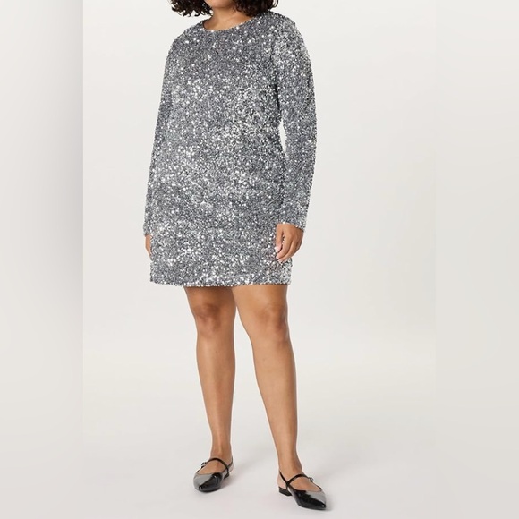 Silver Sequin Long Sleeve Mini Dress - Picture 1 of 3